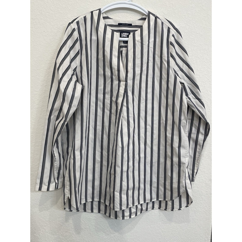Lands‎ End No Iron Supima Shirt Plus Size Large Popover Black Striped Blouse